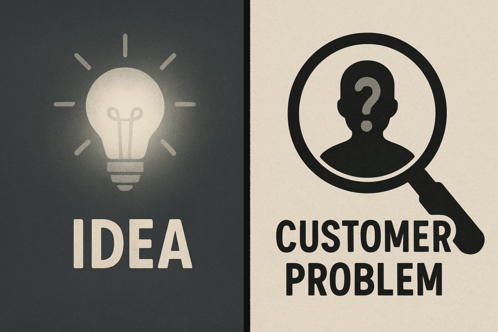 Illustration showing the shift from idea-first thinking to problem-first approach in startups