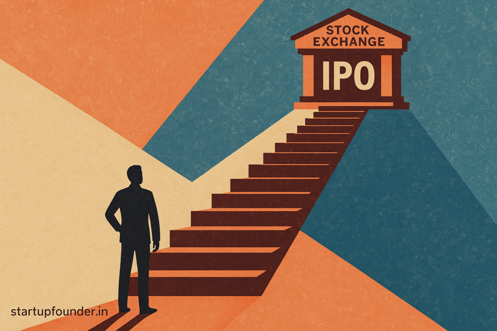 Illustration of a startup founder building towards IPO with roadmap, metrics, and governance elements